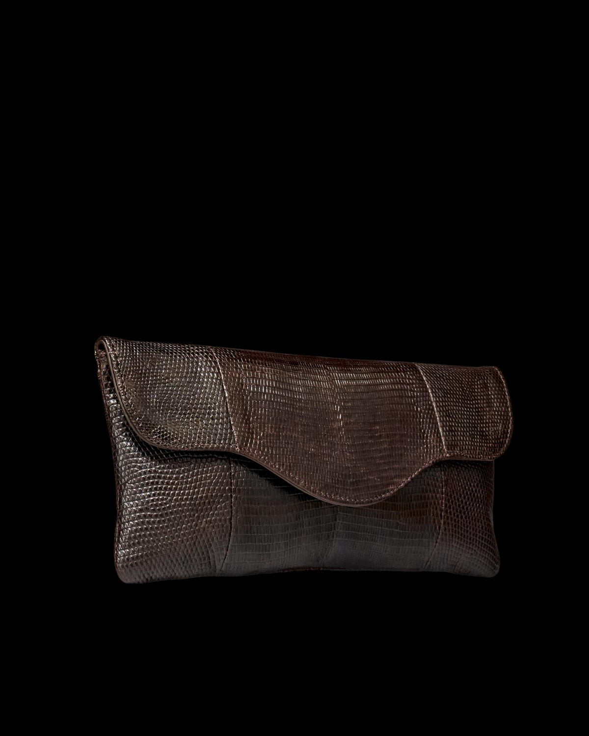 Quarterfront view of Lizard Clutch - Coffee on plain background