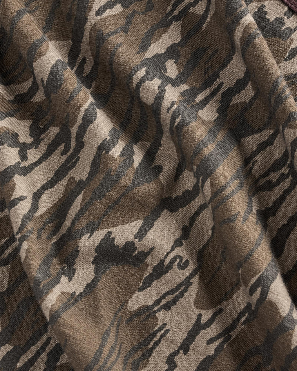 Closeup view of Women's Tecovas x Mossy Oak Ringer Tee - Original Bottomland