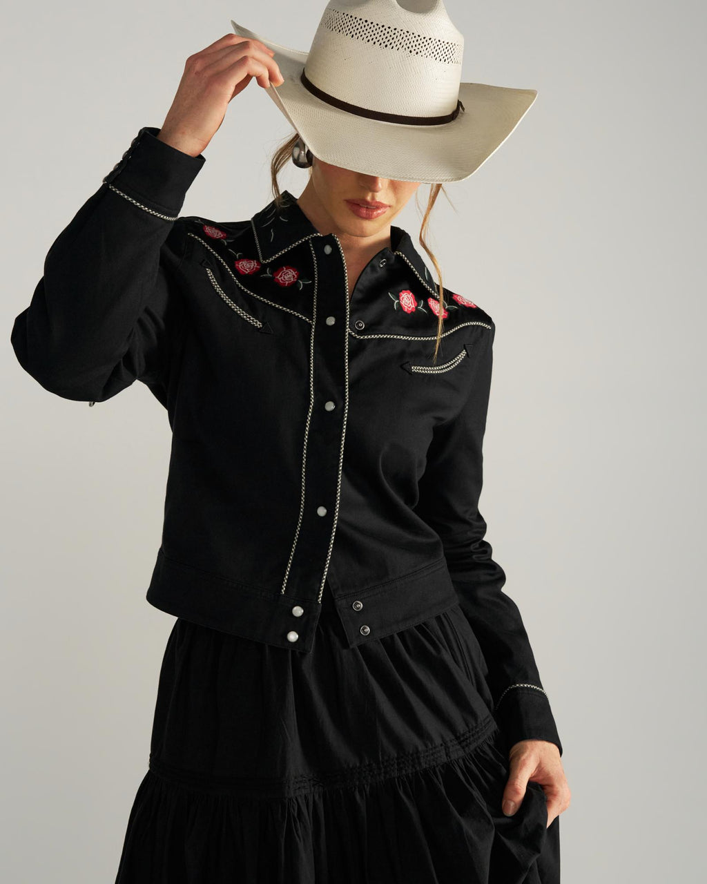 Front view of Women's Embroidered Dolly Jacket - Black on model