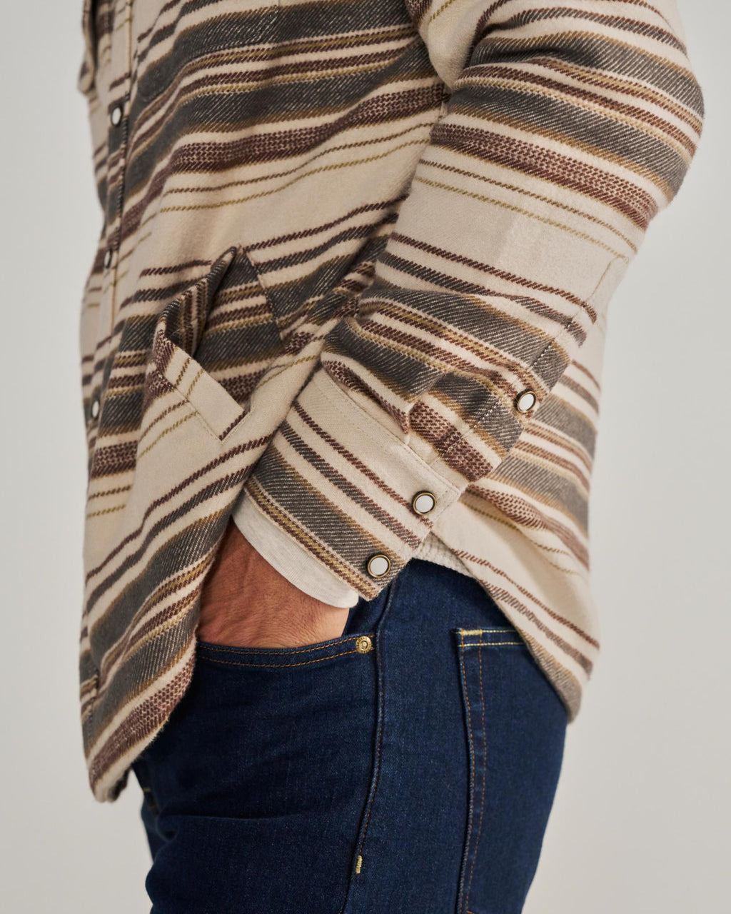 Closeup view of Men's Blanket CPO Shacket - Khaki / Multi