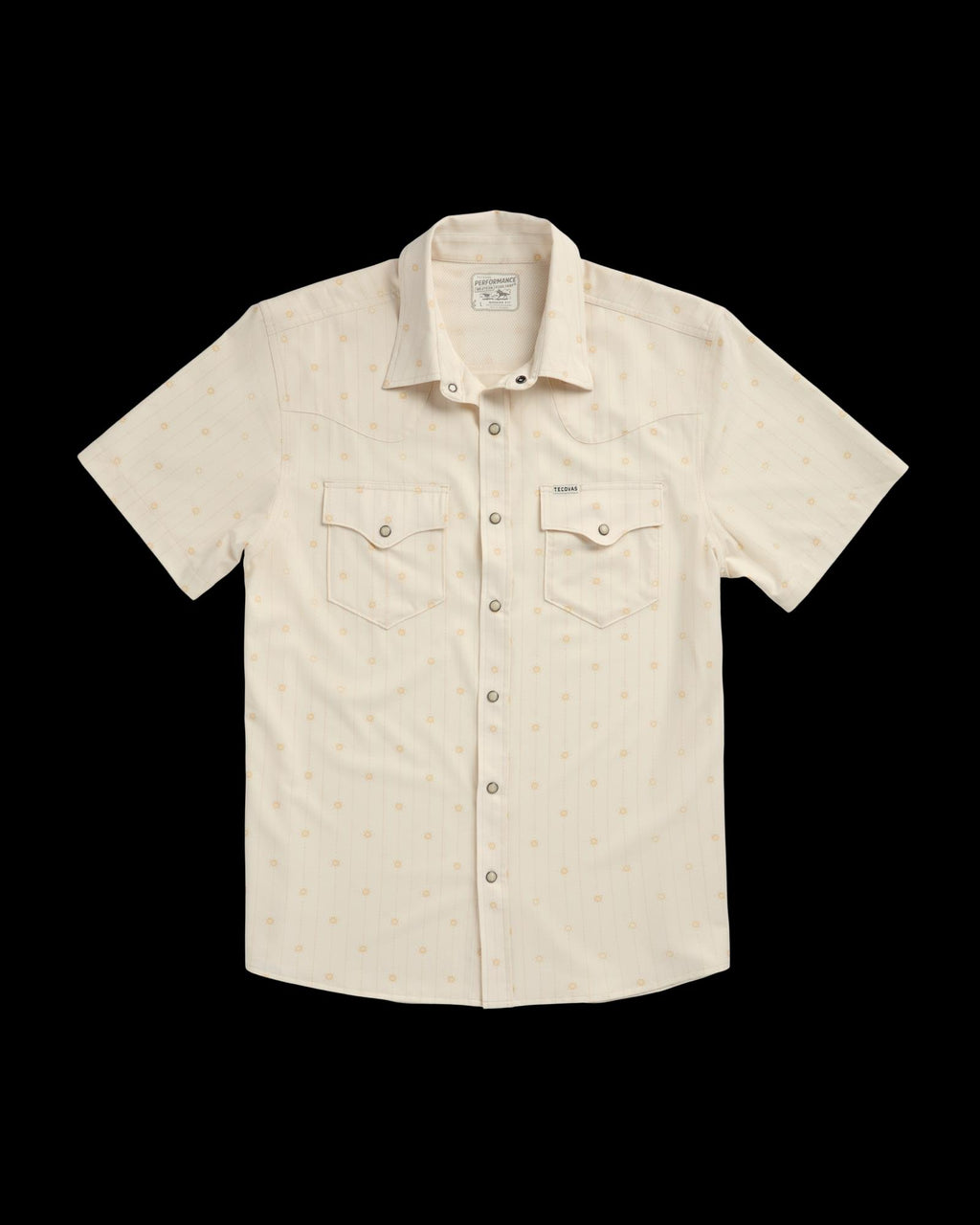 Closeup detail view of Men's Performance Western Short Sleeve Pearl Snap - Light Sand/Multi