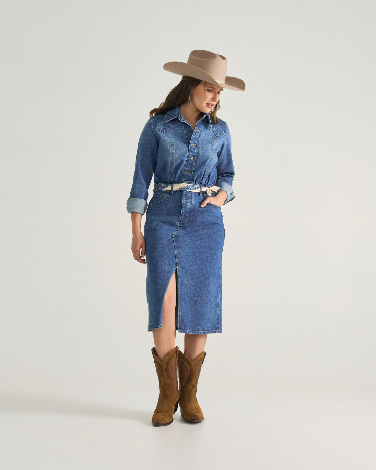 Full view of Women's L/S Denim Midi Dress - Medium Wash on model