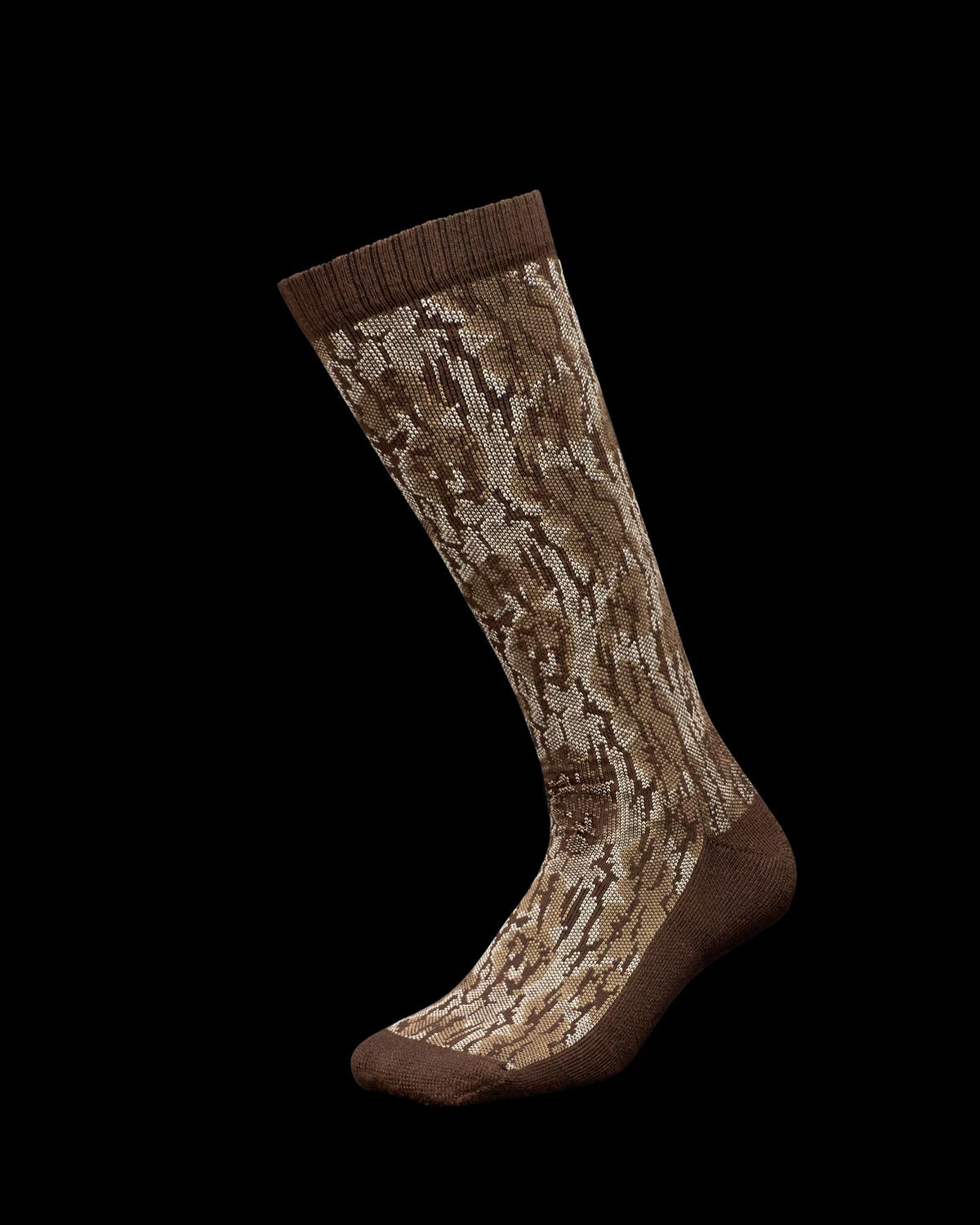 A single brown and beige camouflage-patterned crew sock displayed upright on a plain white background.