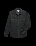 Long-sleeve black denim shirt with snap buttons and two chest pockets, laid flat on a white background.