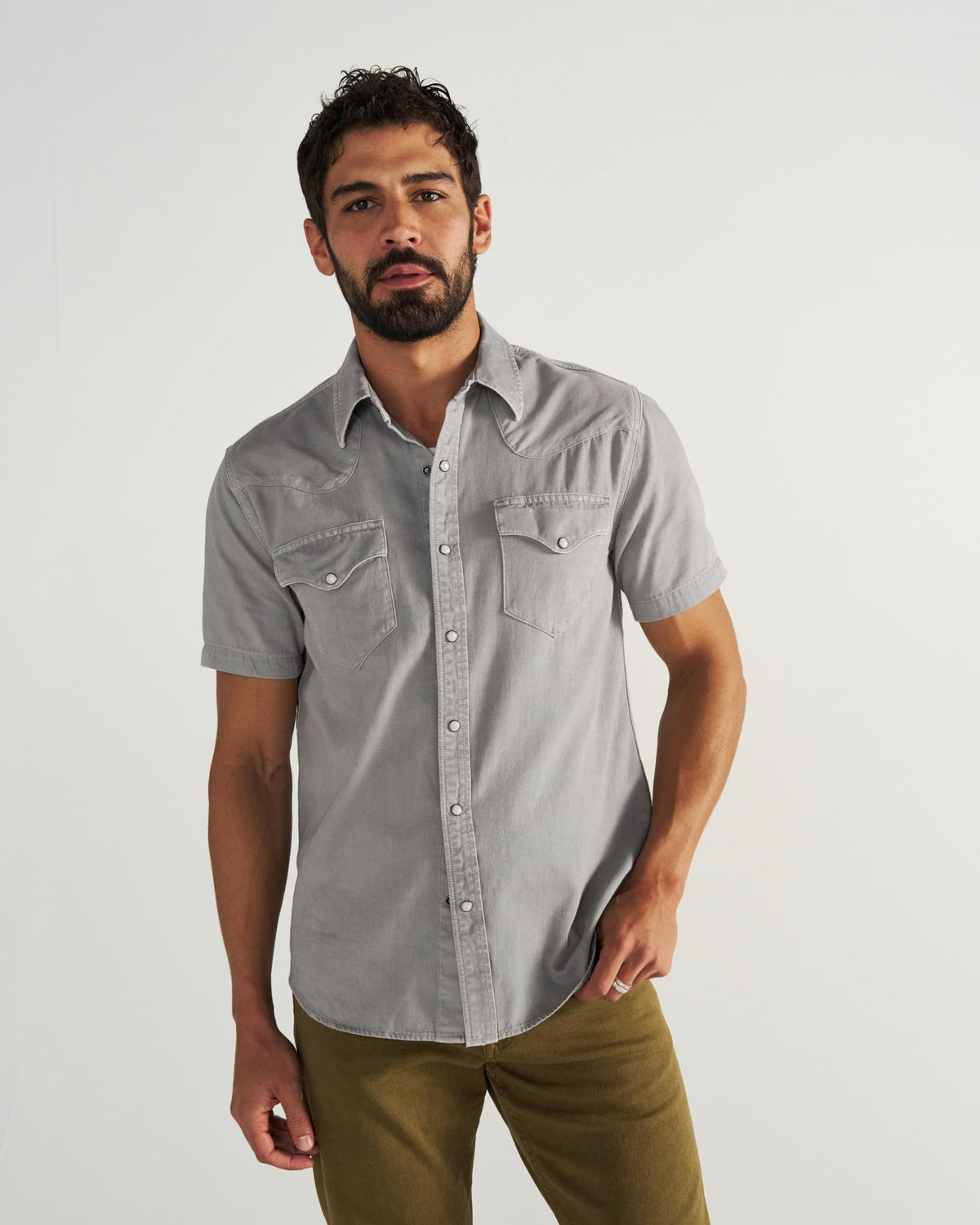 Closeup detail view of Men's Denim Short Sleeve Pearl Snap - Light Gray