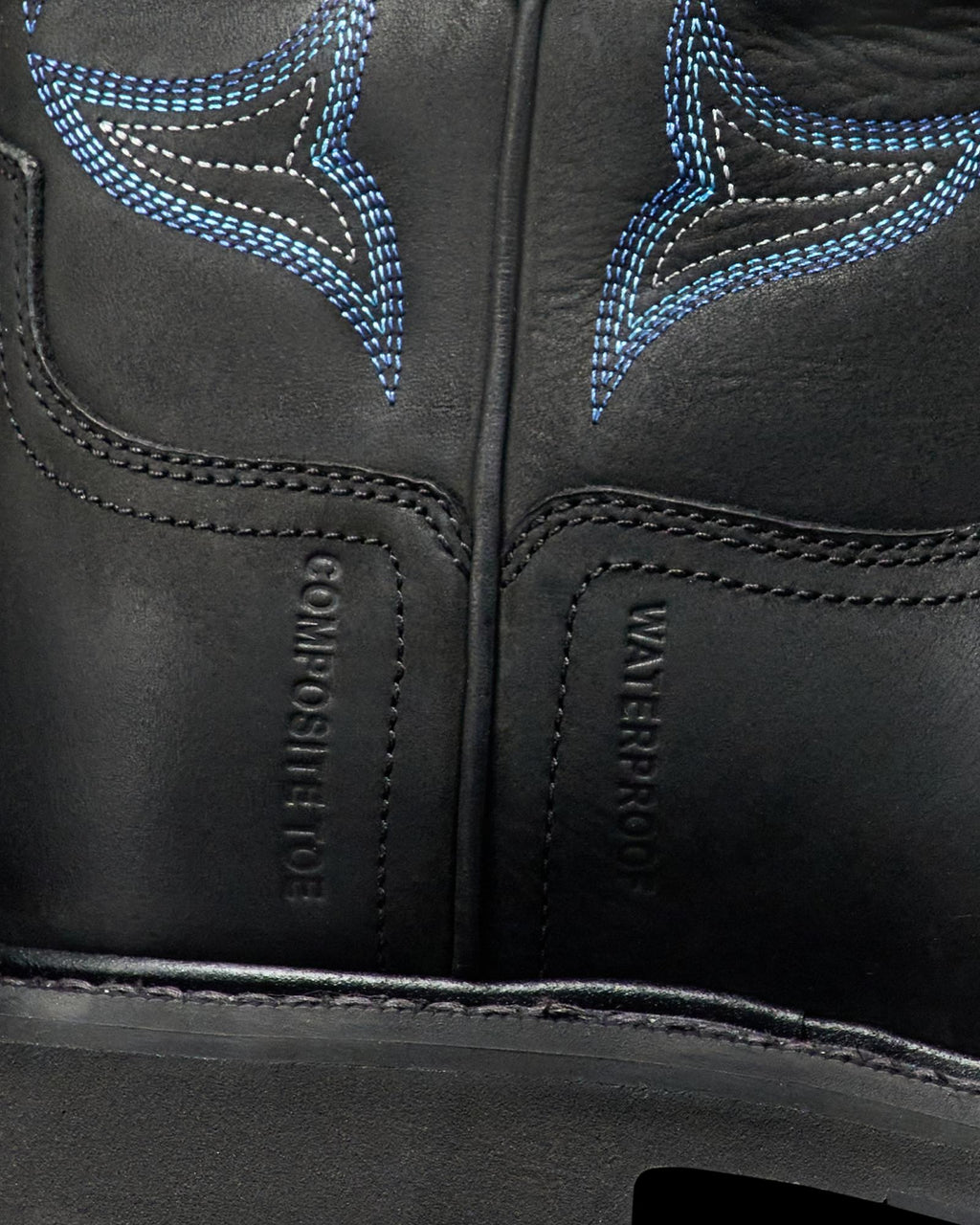Toe view of The LH WP Round Comp Toe Work Boot - Midnight Cowhide on plain background