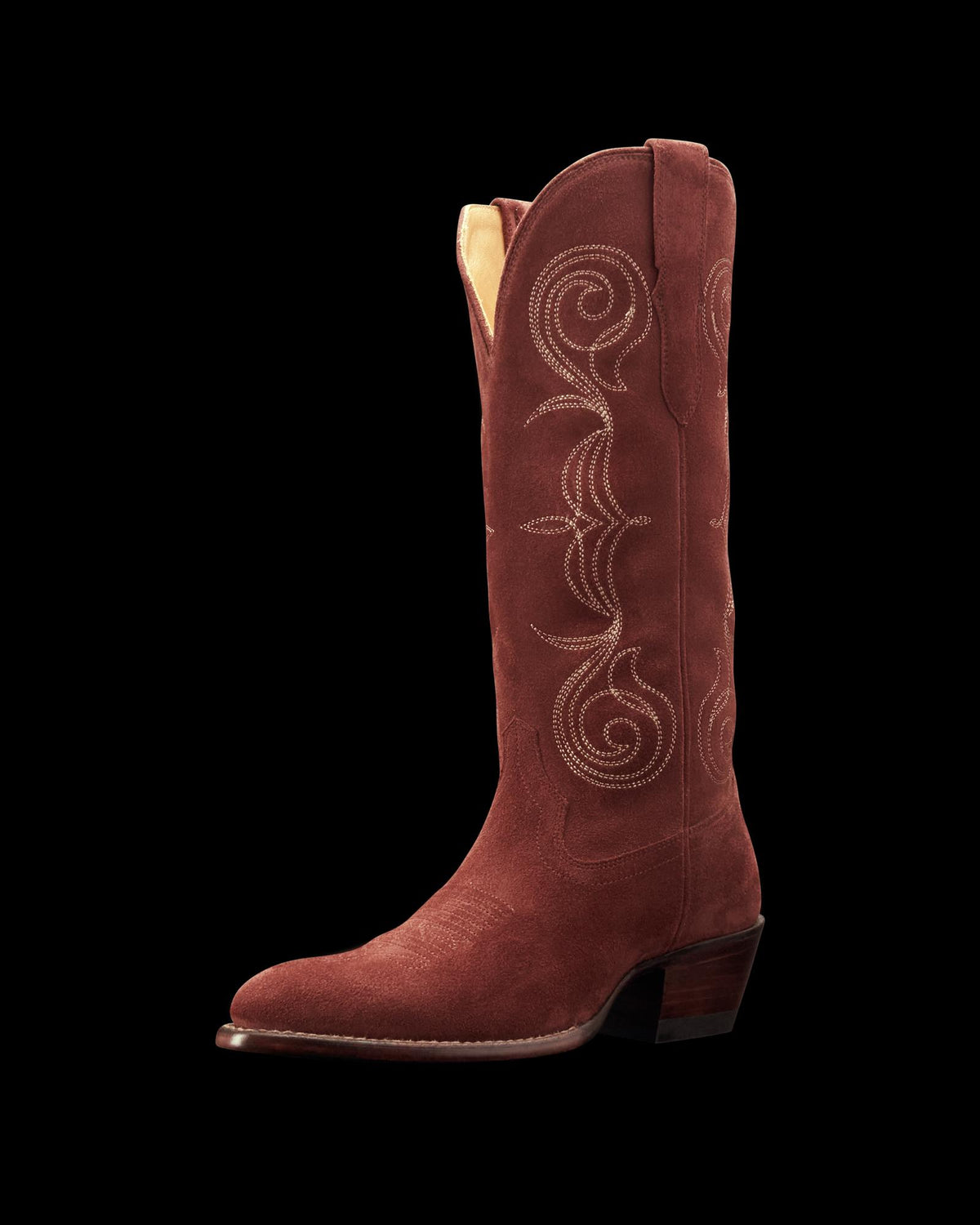 Quarterfront view of The Jane - Brick Suede on plain background