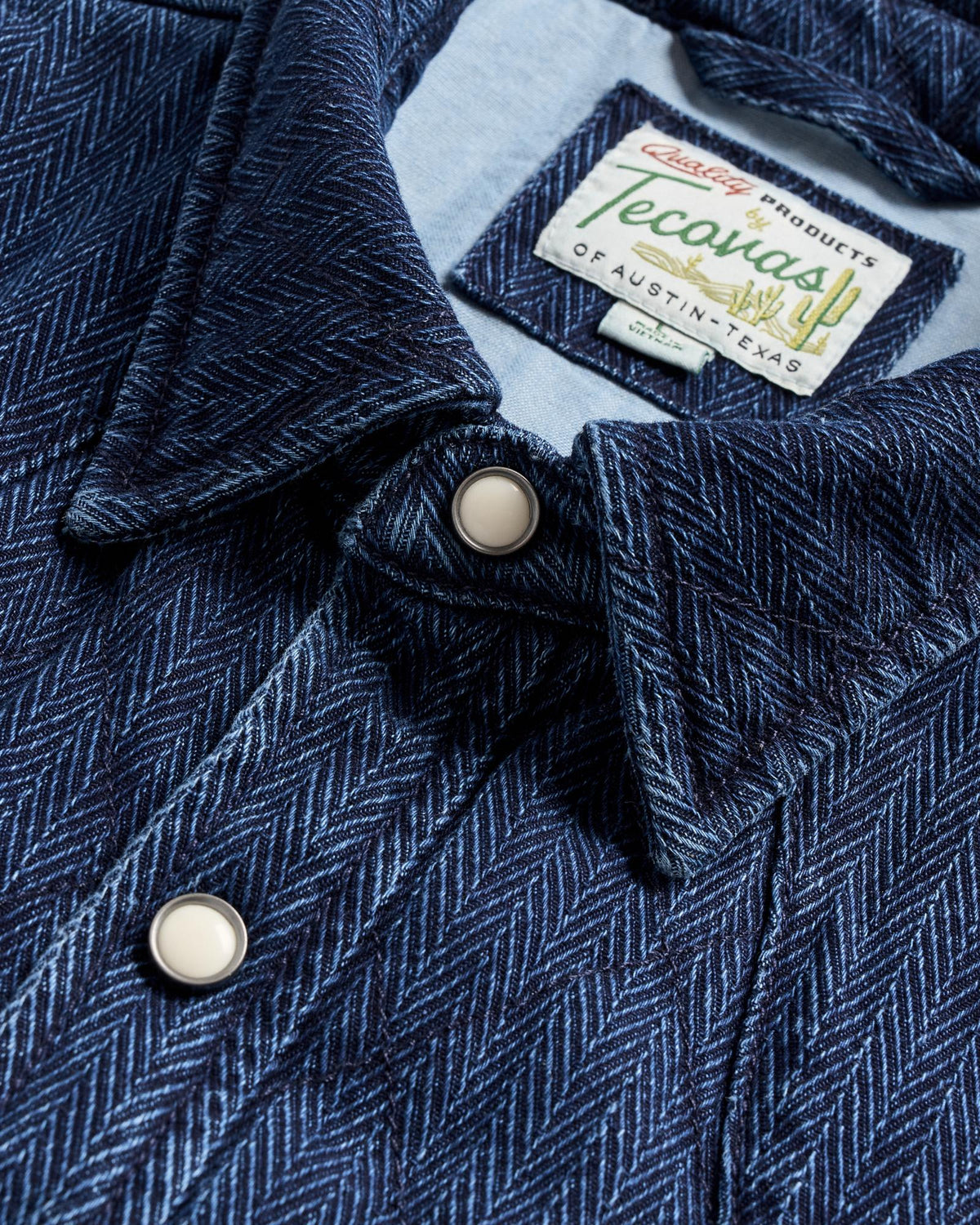 Closeup detail view of Men's Quilted Herringbone Shacket - Indigo