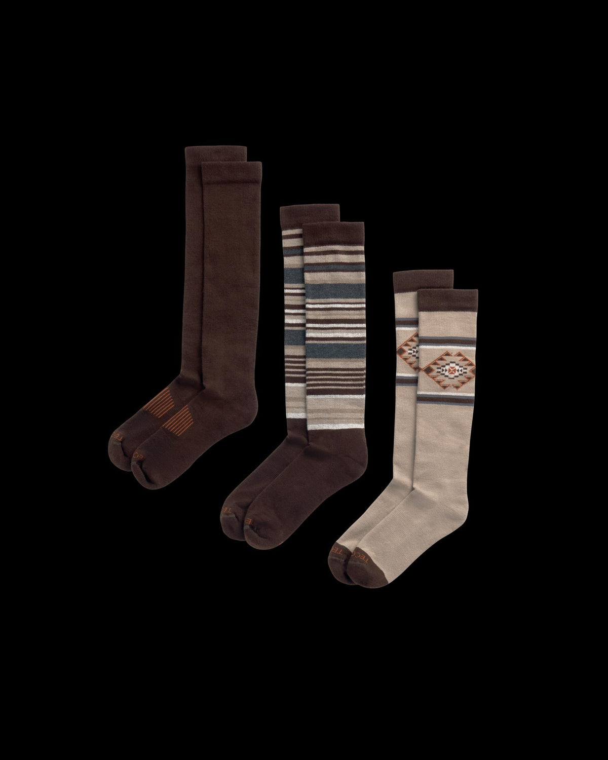Quarterfront view of Over-The-Calf Socks (3-Pack) - Brown Multi on plain background
