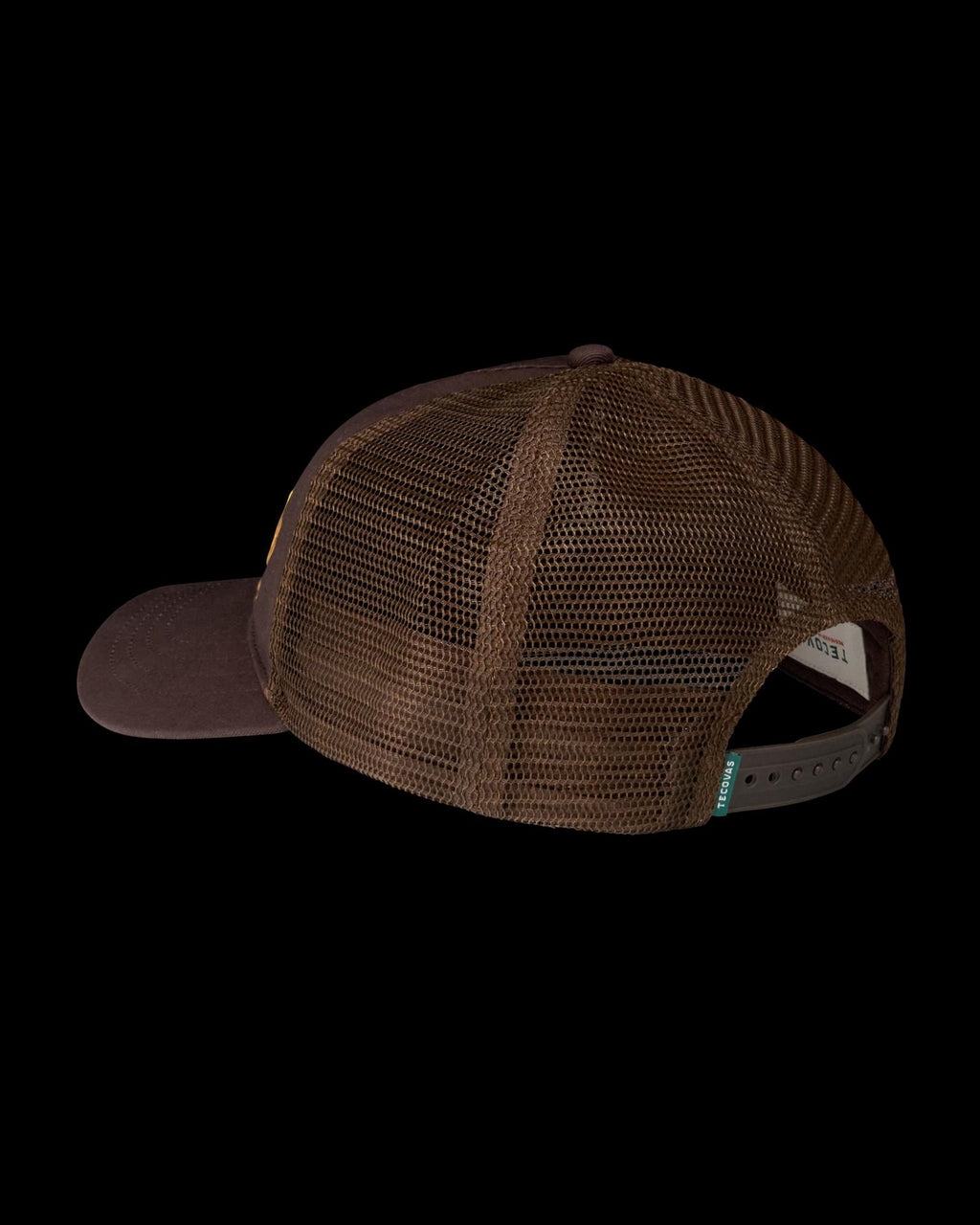 Quarterback view of Original Tecovas 5 Panel Low Pro Trucker - Dark Brown on plain background