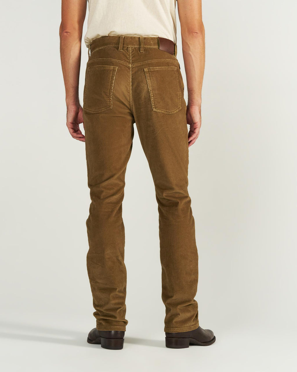 Back view of Men's Slim Straight Stretch Corduroy - Olivewood on model