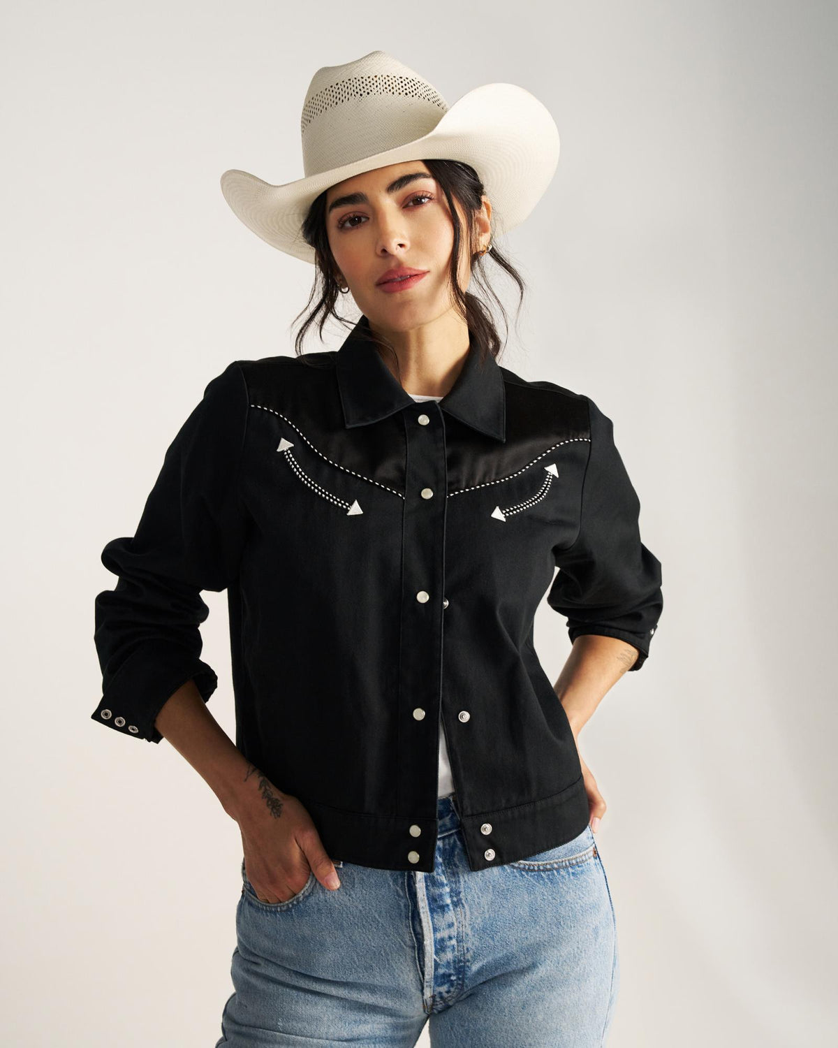 Front view of Women's Dolly Jacket - Black on model