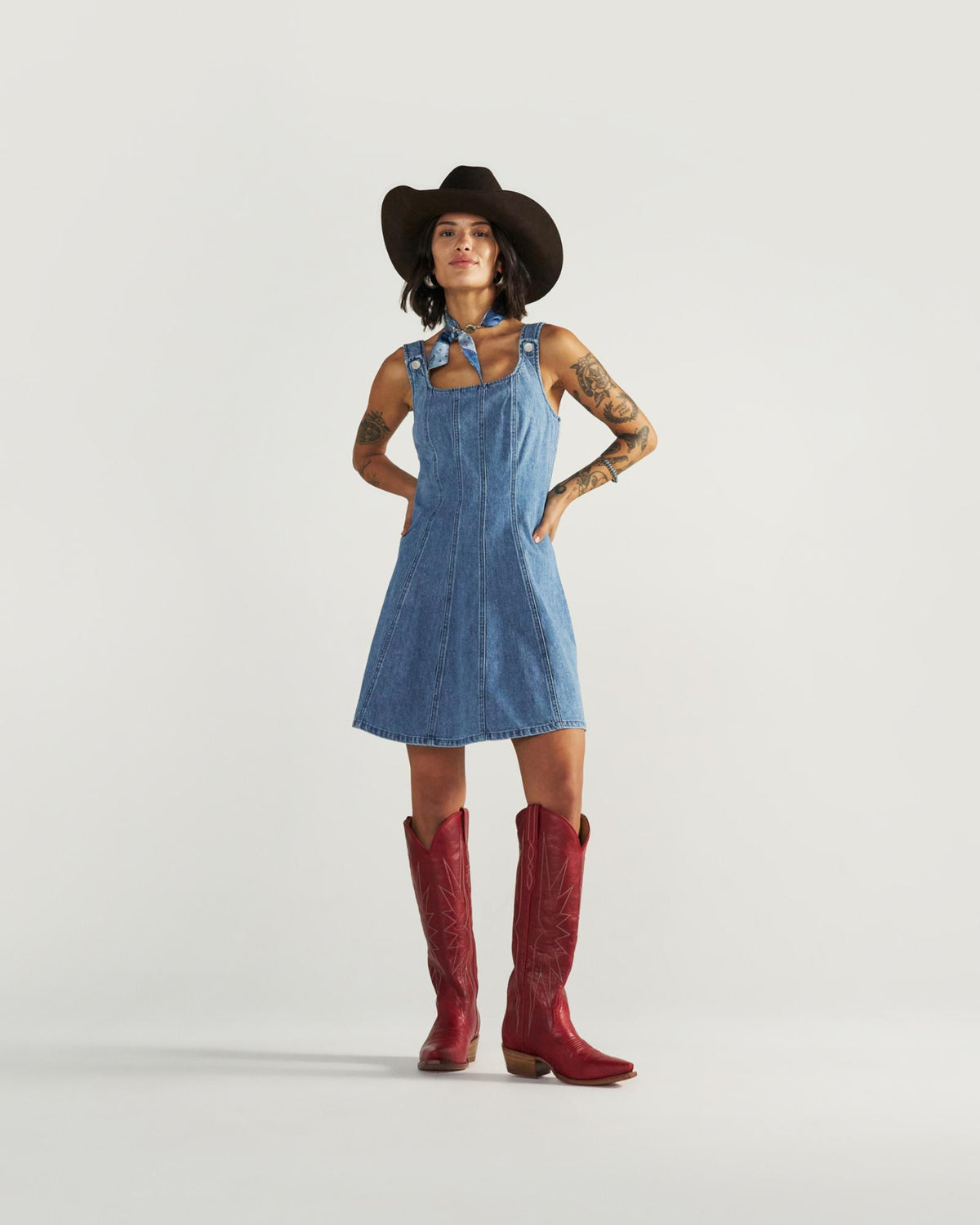 Full view of Women's Structured Mini Dress - Medium Wash on model