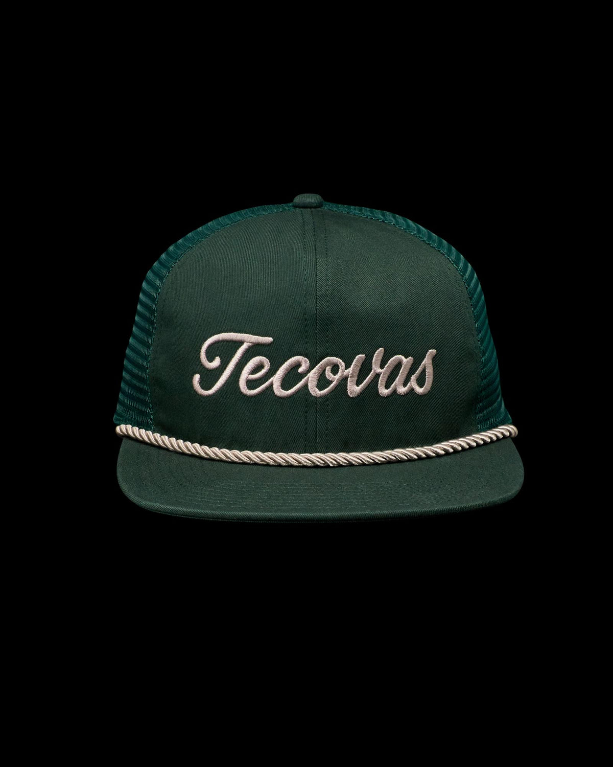 Front view of Tecovas Flat Brim Trucker - Dark Green on plain background