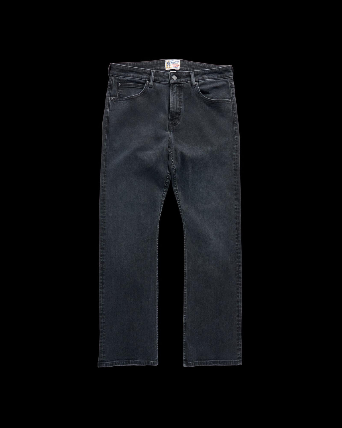 A pair of black denim jeans laid flat against a black background, featuring a classic five-pocket design and straight leg cut.