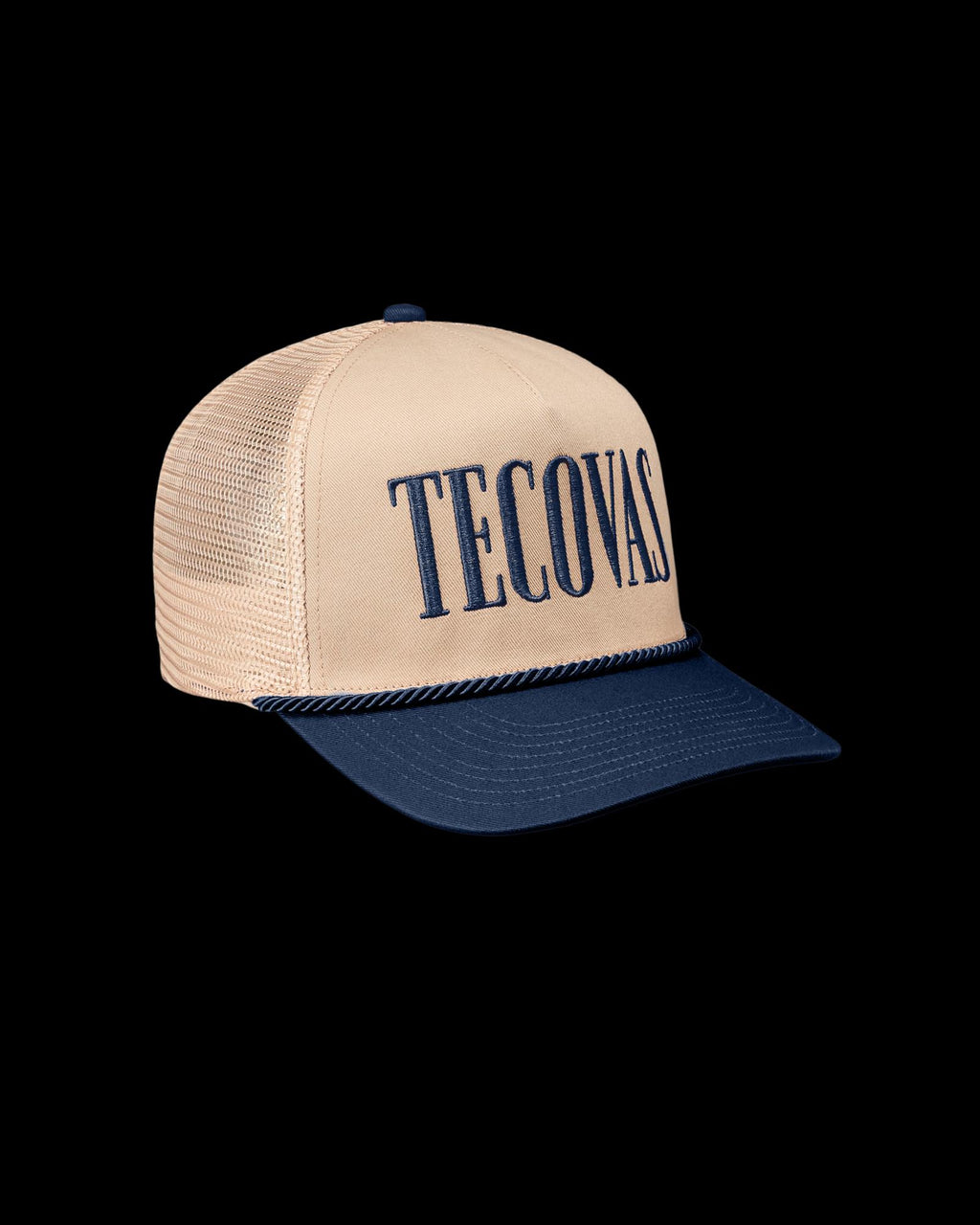 Quarterfront view of Tecovas Badge Trucker - Navy on plain background