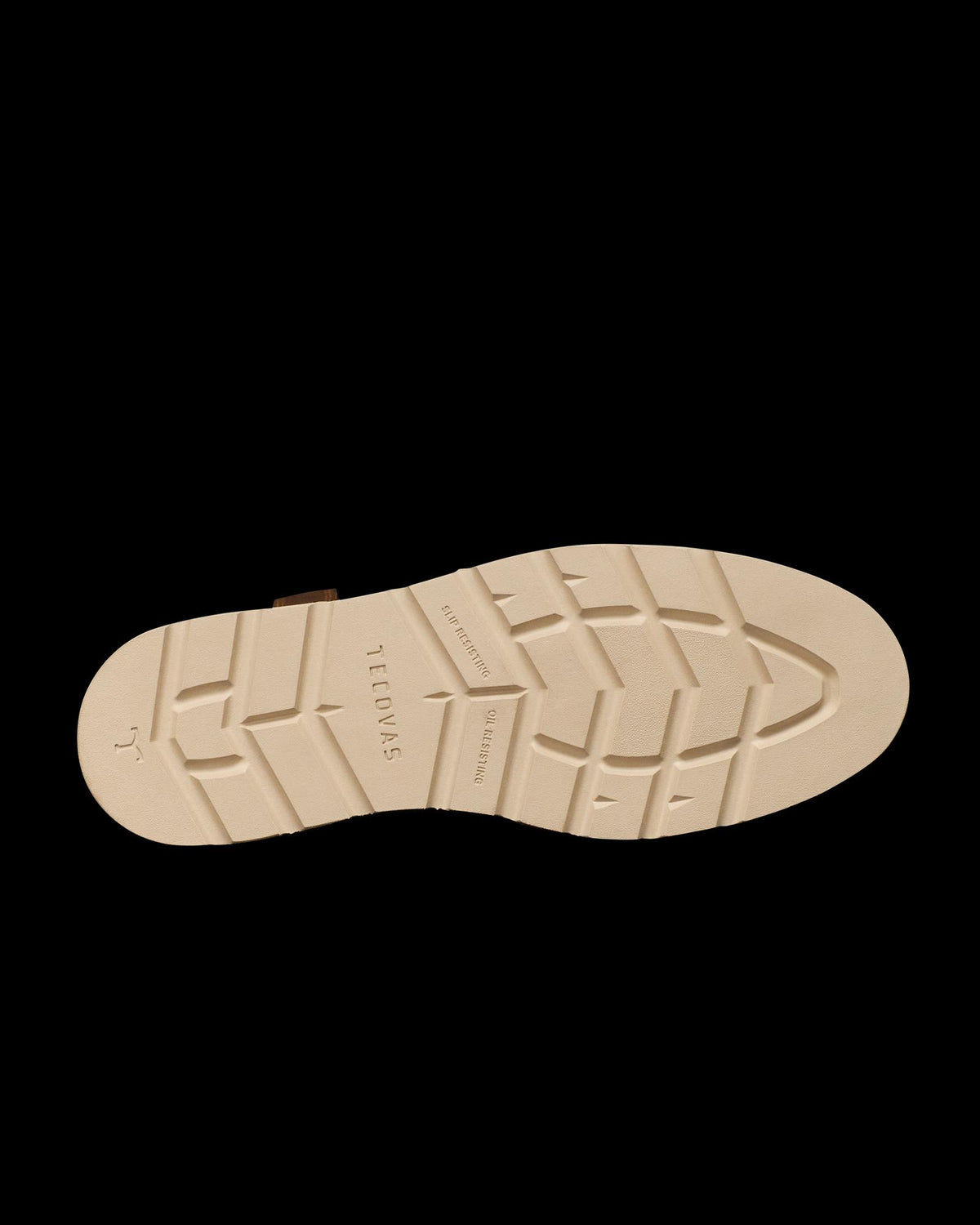 The Knox in Wheat Cowhide. The image shows the beige rubber sole of The Knox Cowhide shoe with the brand "Tecovas" and size marking engraved, featuring a patterned tread for grip.
