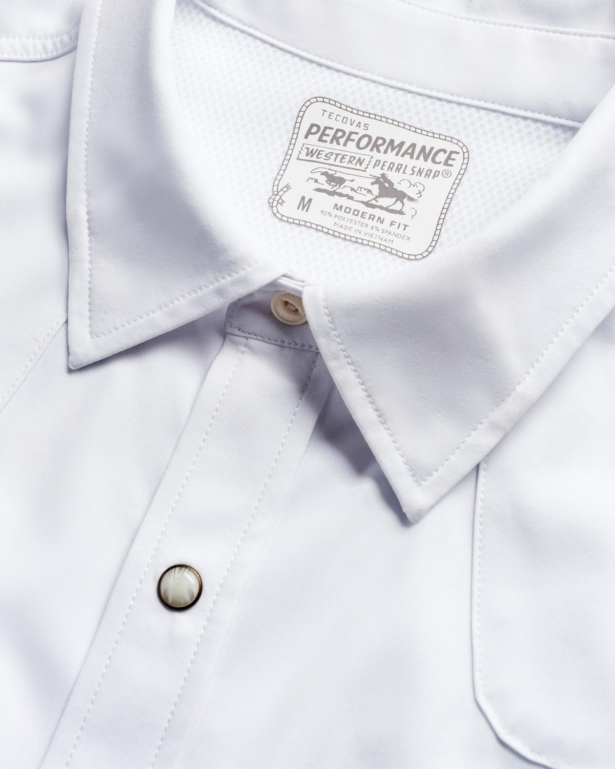 Closeup detail view of Men's Performance Western Pearl Snap SS - White