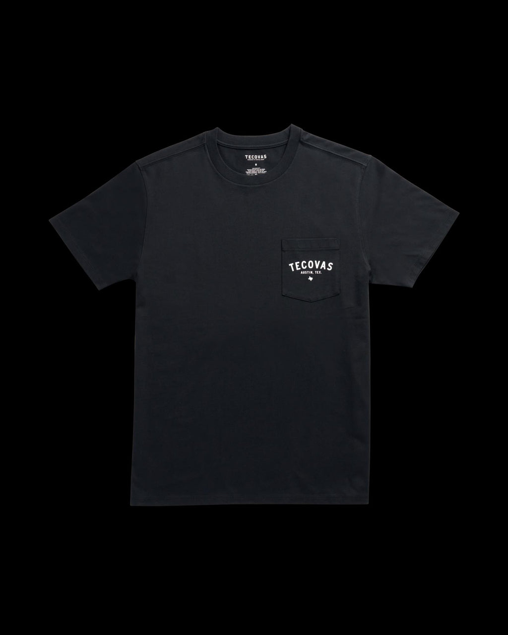 Black short-sleeve t-shirt with a chest pocket featuring the word "Tecovas" and a small graphic in white. The shirt is laid flat on a plain background.