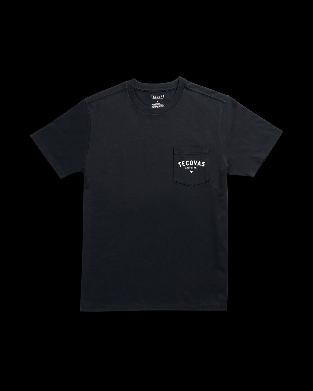 Black short-sleeve t-shirt with a chest pocket featuring the word "Tecovas" and a small graphic in white. The shirt is laid flat on a plain background.