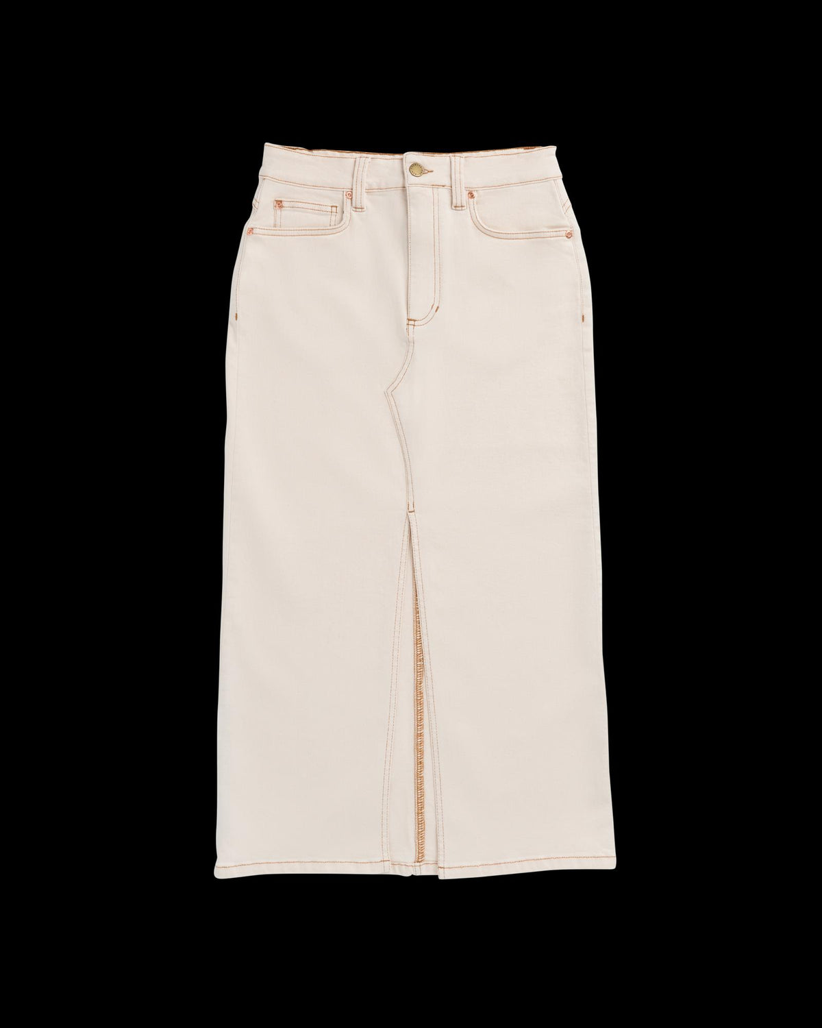 Beige high-waisted denim skirt with front slit, visible seams, belt loops, front and back pockets, and a button closure.