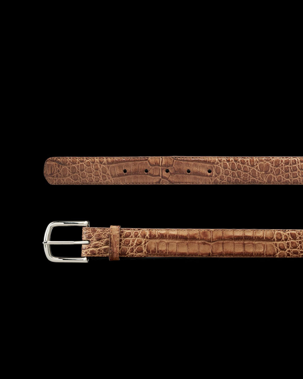 Brown leather belt with a crocodile pattern and a silver buckle, shown from both top and side angles on a white background.