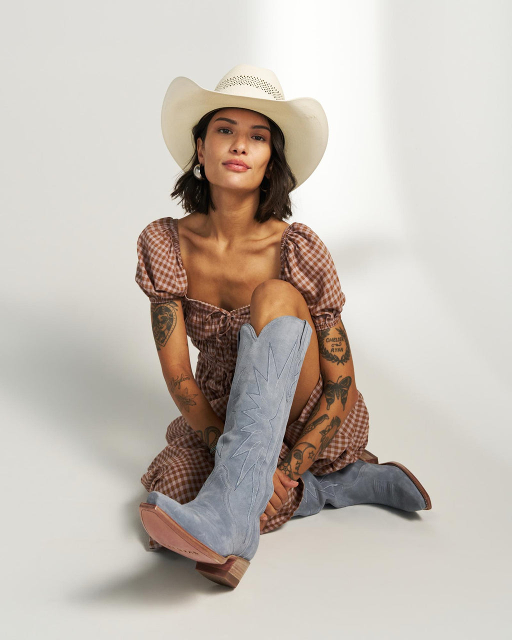 Full view of The Loretta - Chambray Suede on model