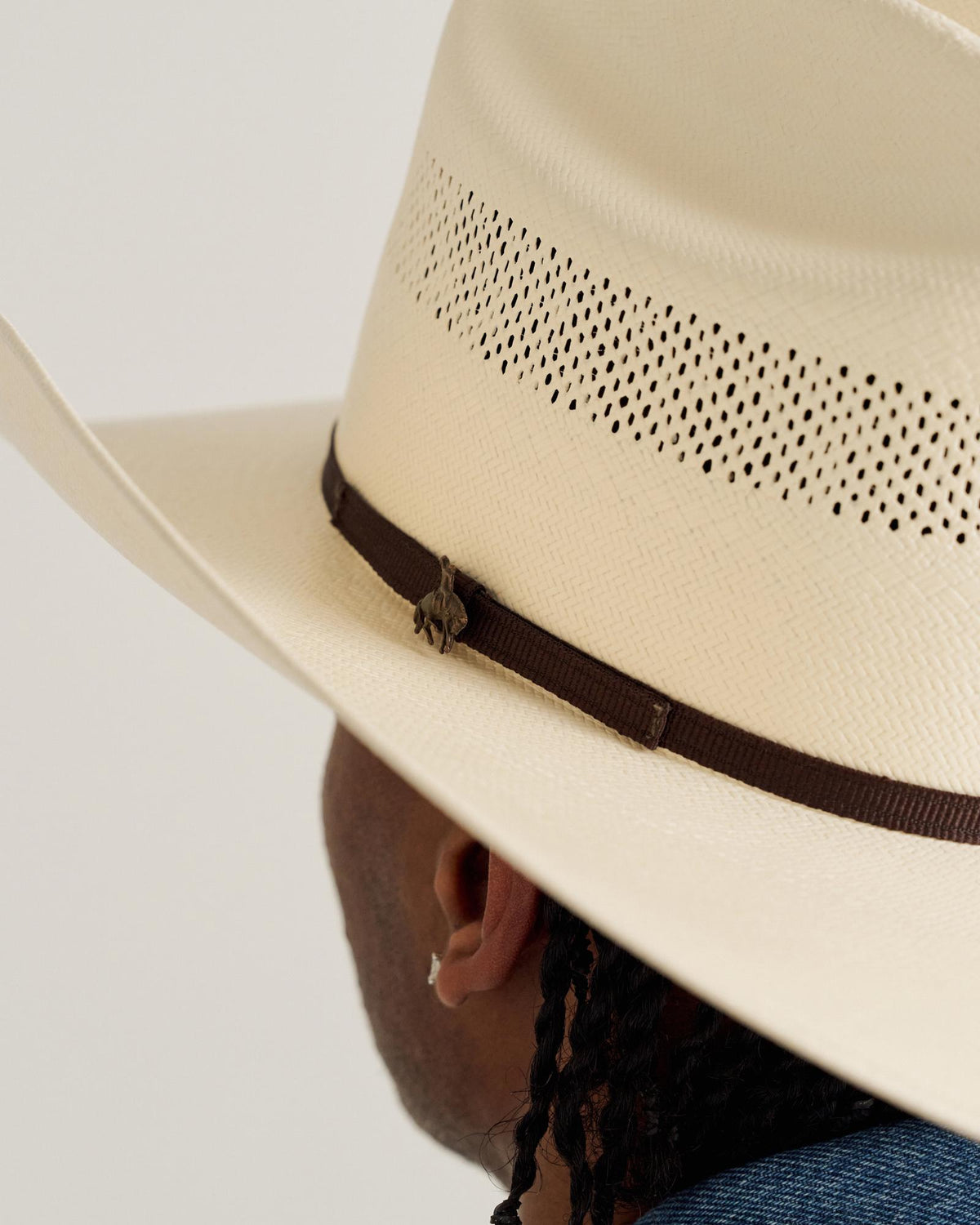 A person wearing a light-colored, wide-brimmed cowboy hat with a brown band and perforated design, shown from the back.