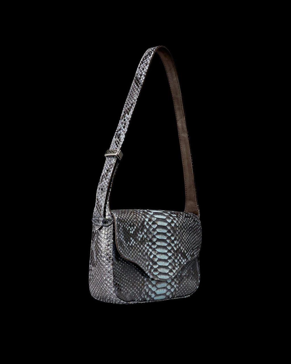 Quarterfront view of Python Shoulder Bag - Blue Multi on plain background