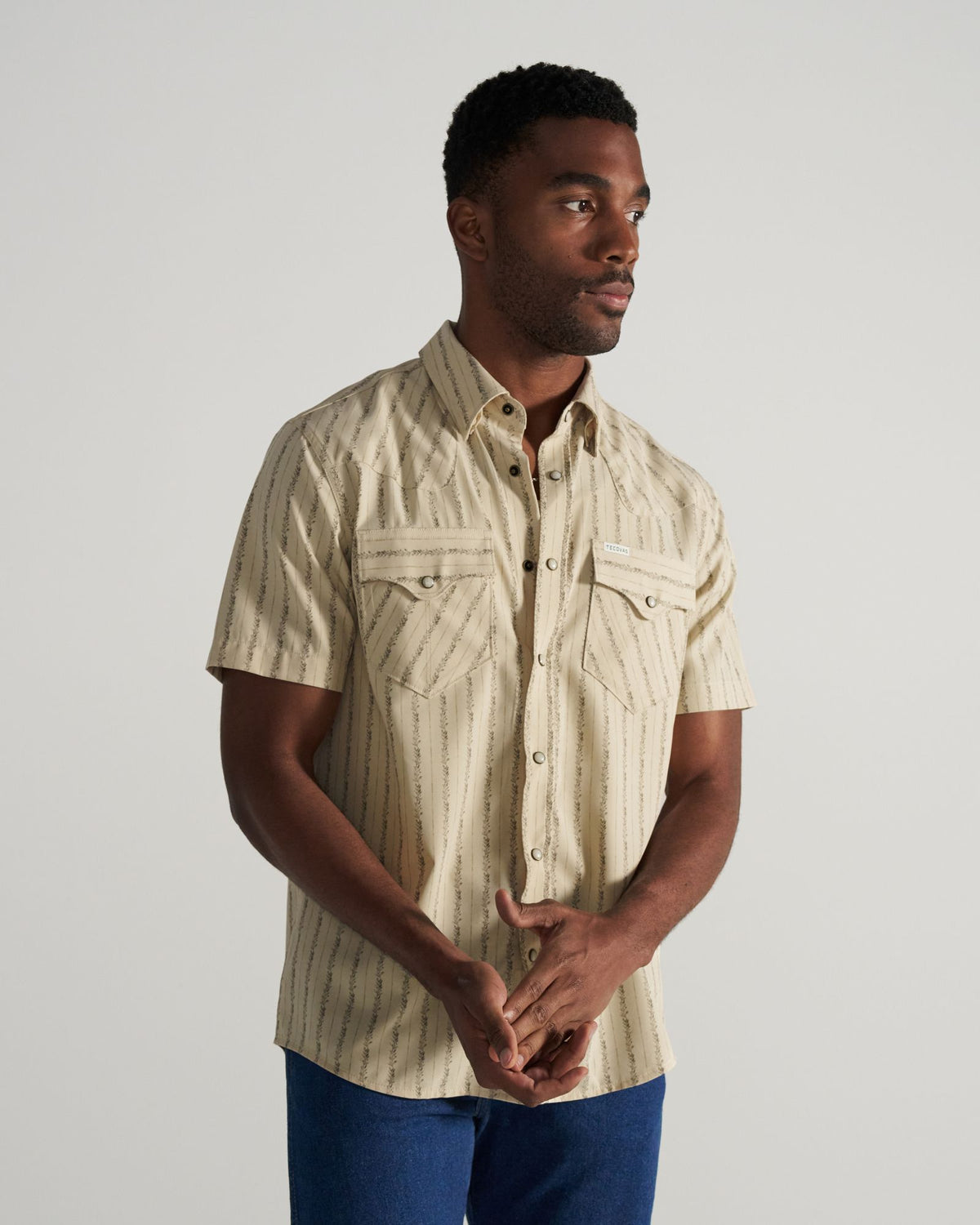 Closeup detail view of Men's Performance Western Short Sleeve Pearl Snap - Sandstone/Multi