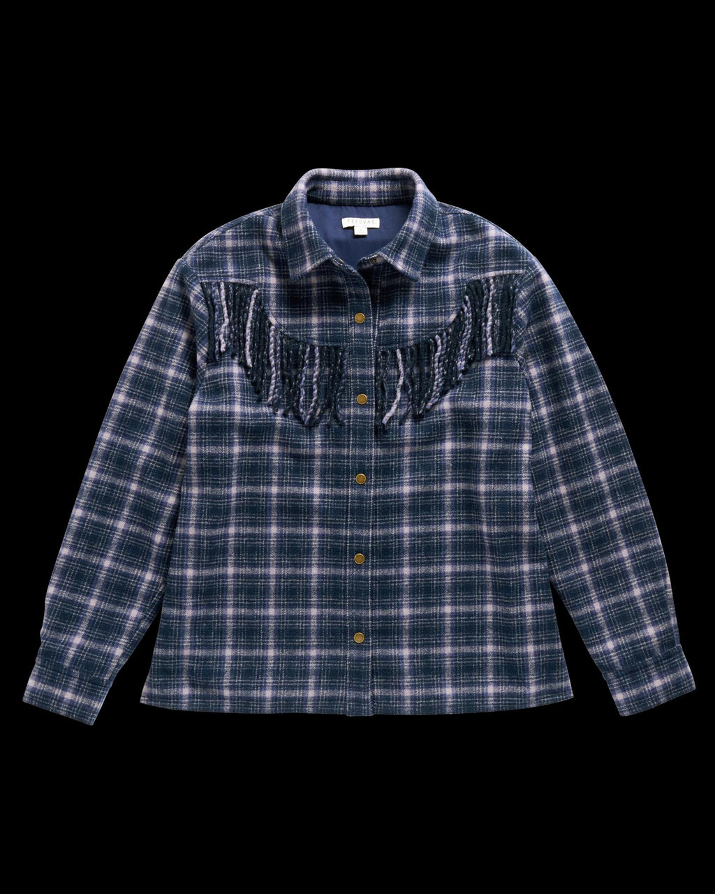 Closeup detail view of Women's Plaid Fringe Shacket - Navy / Mauve