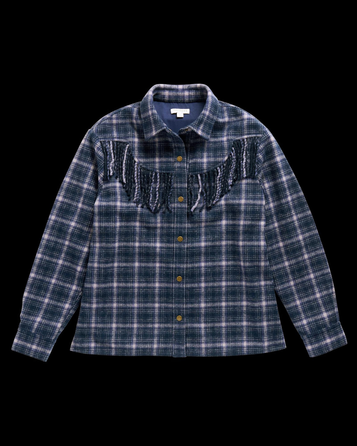Closeup detail view of Women's Plaid Fringe Shacket - Navy / Mauve