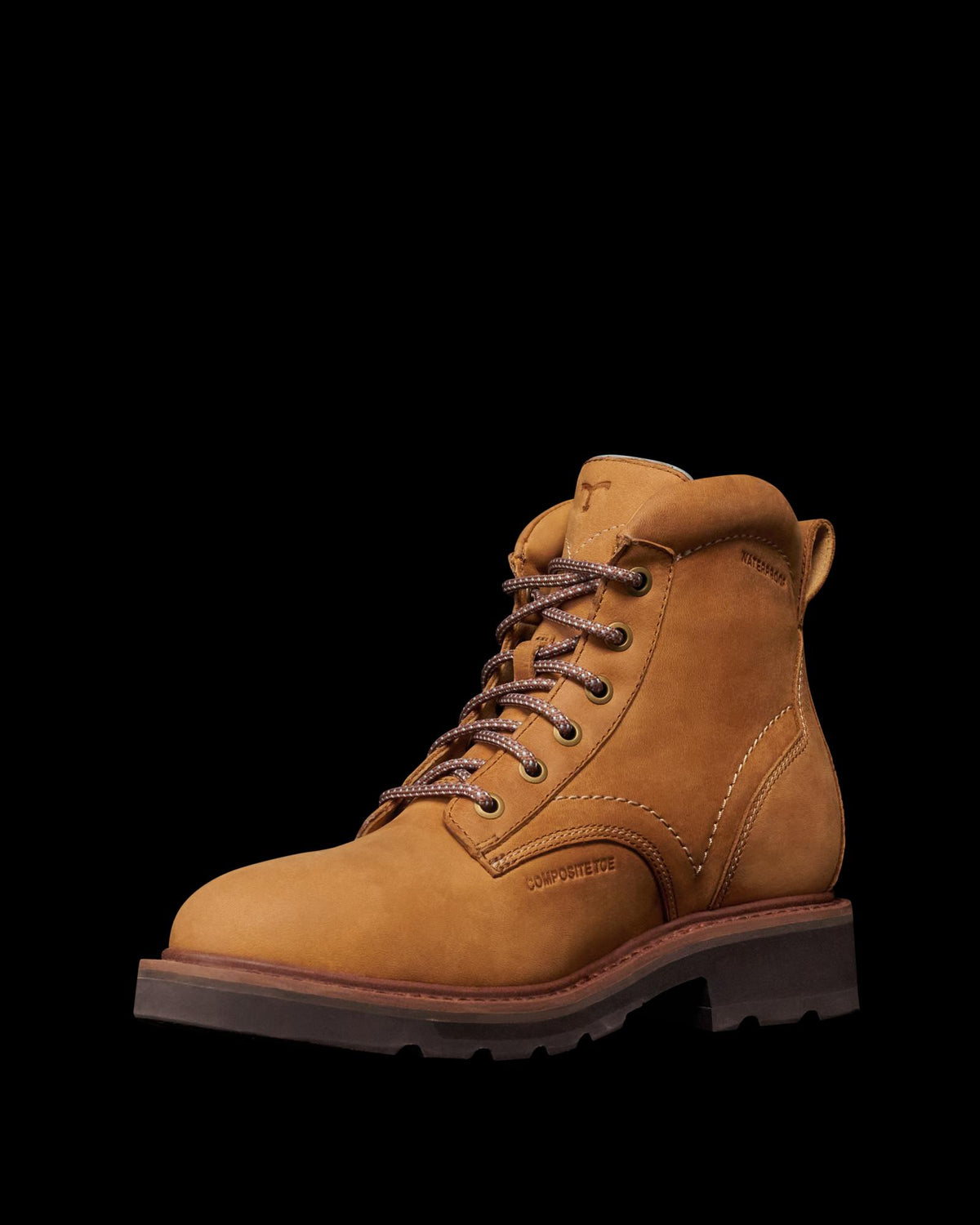 Quarterfront view of LongHaul Waterproof Lace Up Composite Toe Work Boot - Light Tan on plain background