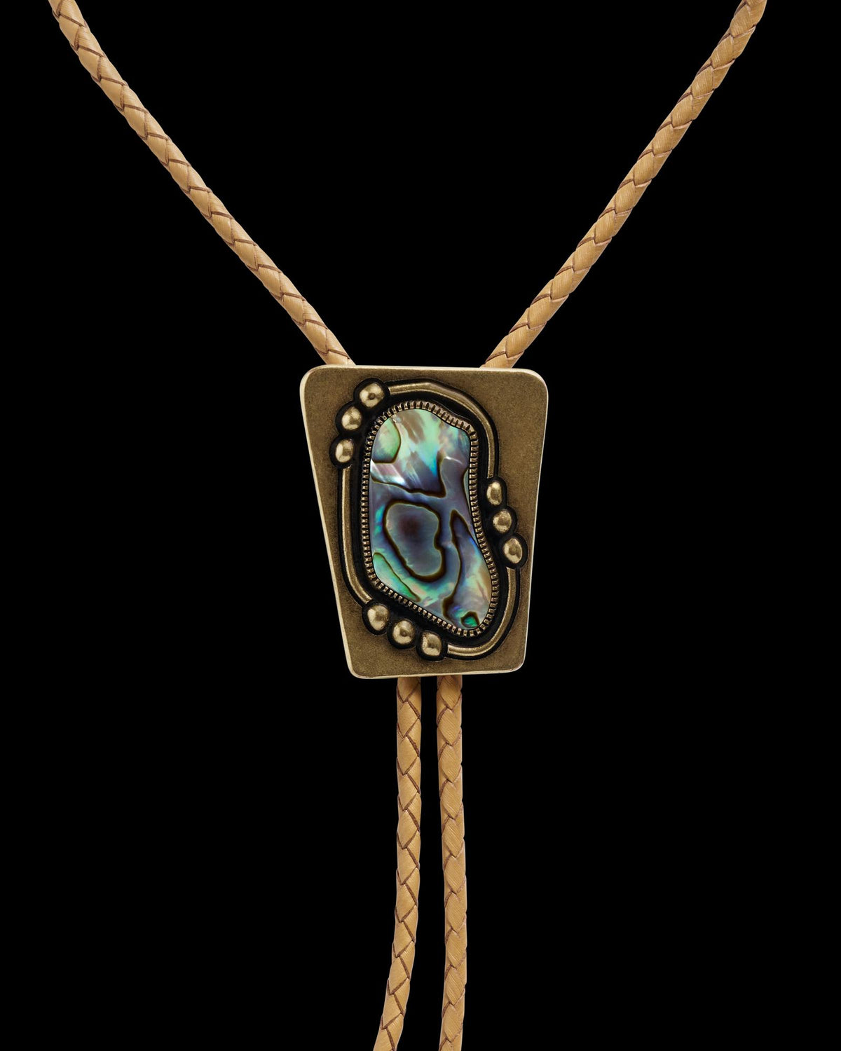 Closeup detail view of Iron Lamb Abalone Bolo - Blue / Tan