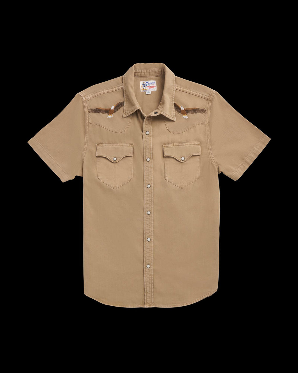 Closeup detail view of Men's Denim Pearl Snap SS - Coriander / Multi