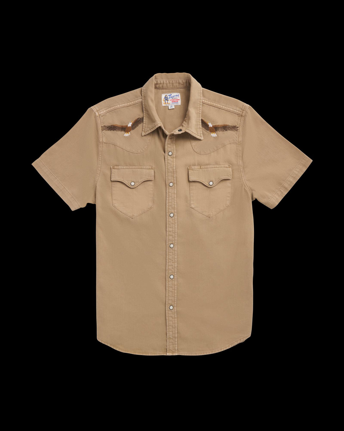 Closeup detail view of Men's Denim Pearl Snap SS - Coriander / Multi