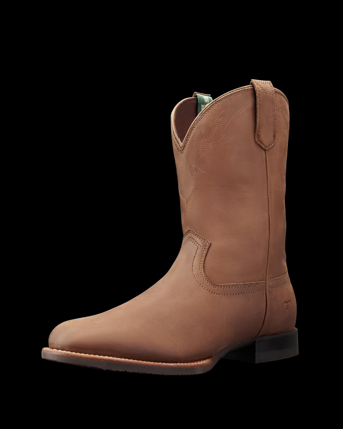 The Glen in Khaki Cowhide. A single brown leather cowboy boot crafted from khaki cowhide with a low heel, pull straps, and subtle stitched detailing, photographed against a plain white background.