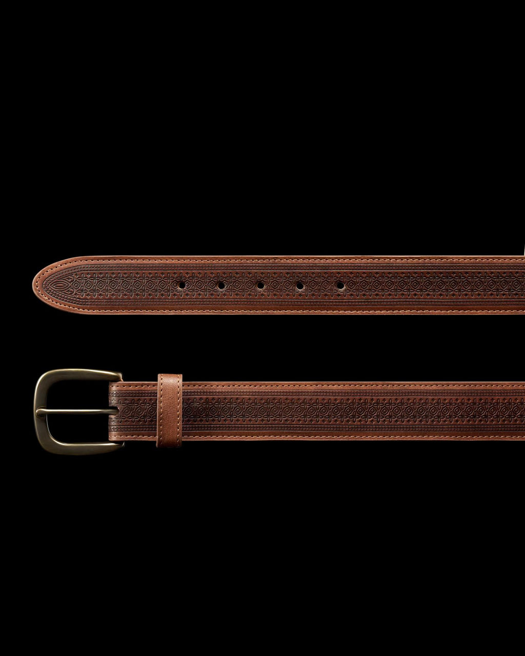 Brown leather belt with decorative stitching, five adjustment holes, and a metal buckle, shown from both full length and close-up perspectives.