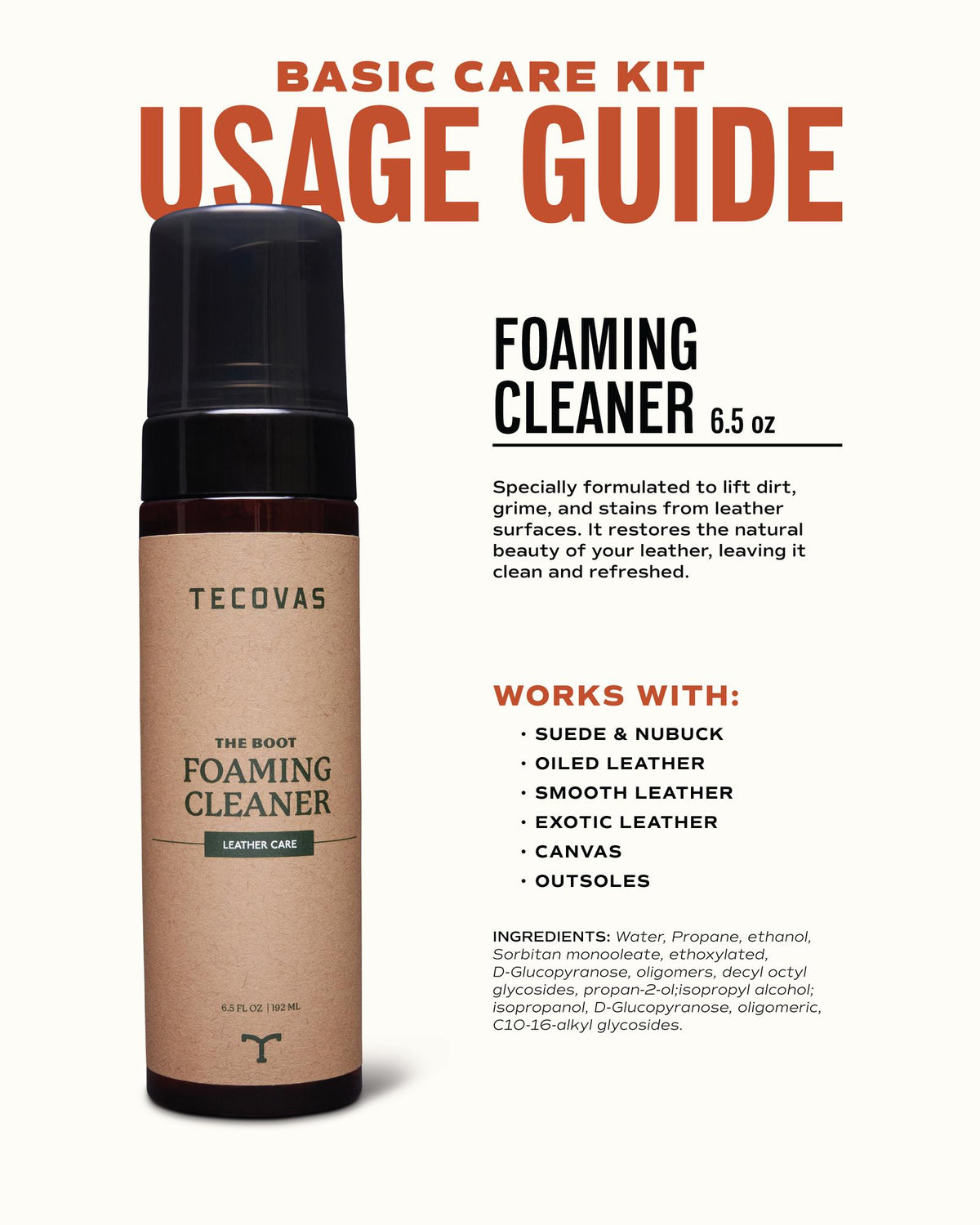 A bottle of Tecovas Boot Foaming Cleaner with usage instructions, benefits, and compatible materials listed beside it on a beige background.