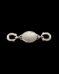 Silver oval jewelry clasp with engraved edges and two circular fasteners on each end, displayed on a plain white background.