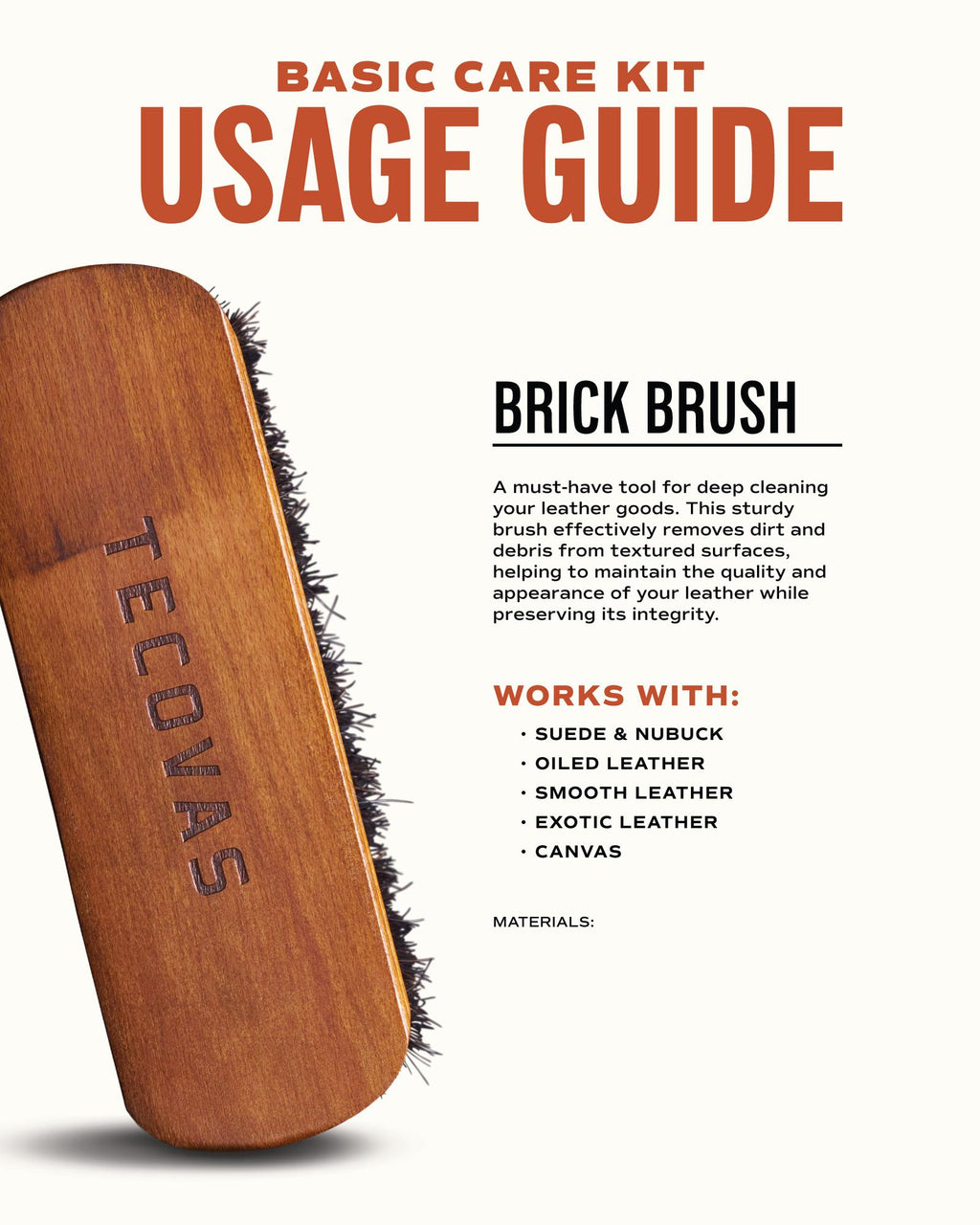 A wooden-handled brush labeled "Tecovas" is shown next to text describing its use for cleaning various types of leather.