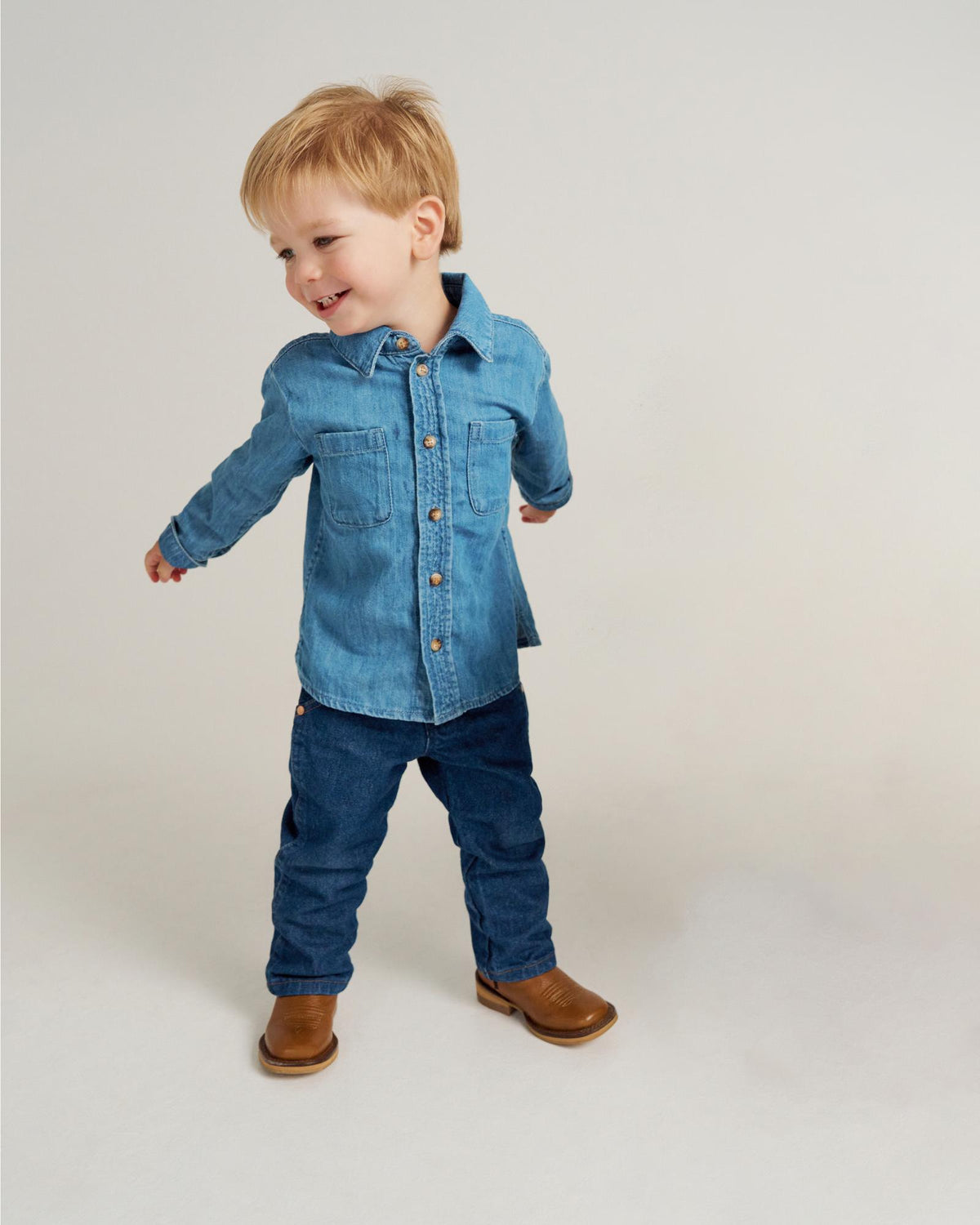 Full view of The Doc Toddler - Tan Goat on model