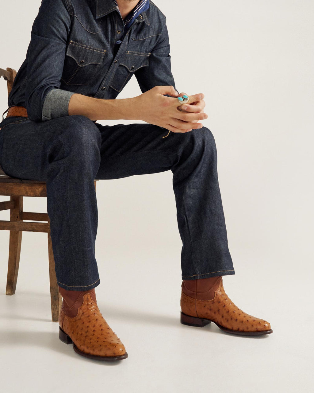 close up picture of Earl Pecan brown cowboy boots on a man's feet
