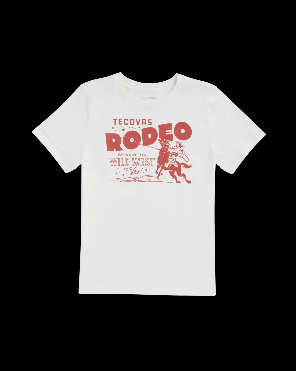 White T-shirt featuring red text that reads "Tecovas Rodeo Bringing the Wild West to You!" and an illustration of a bucking horse with a rider.