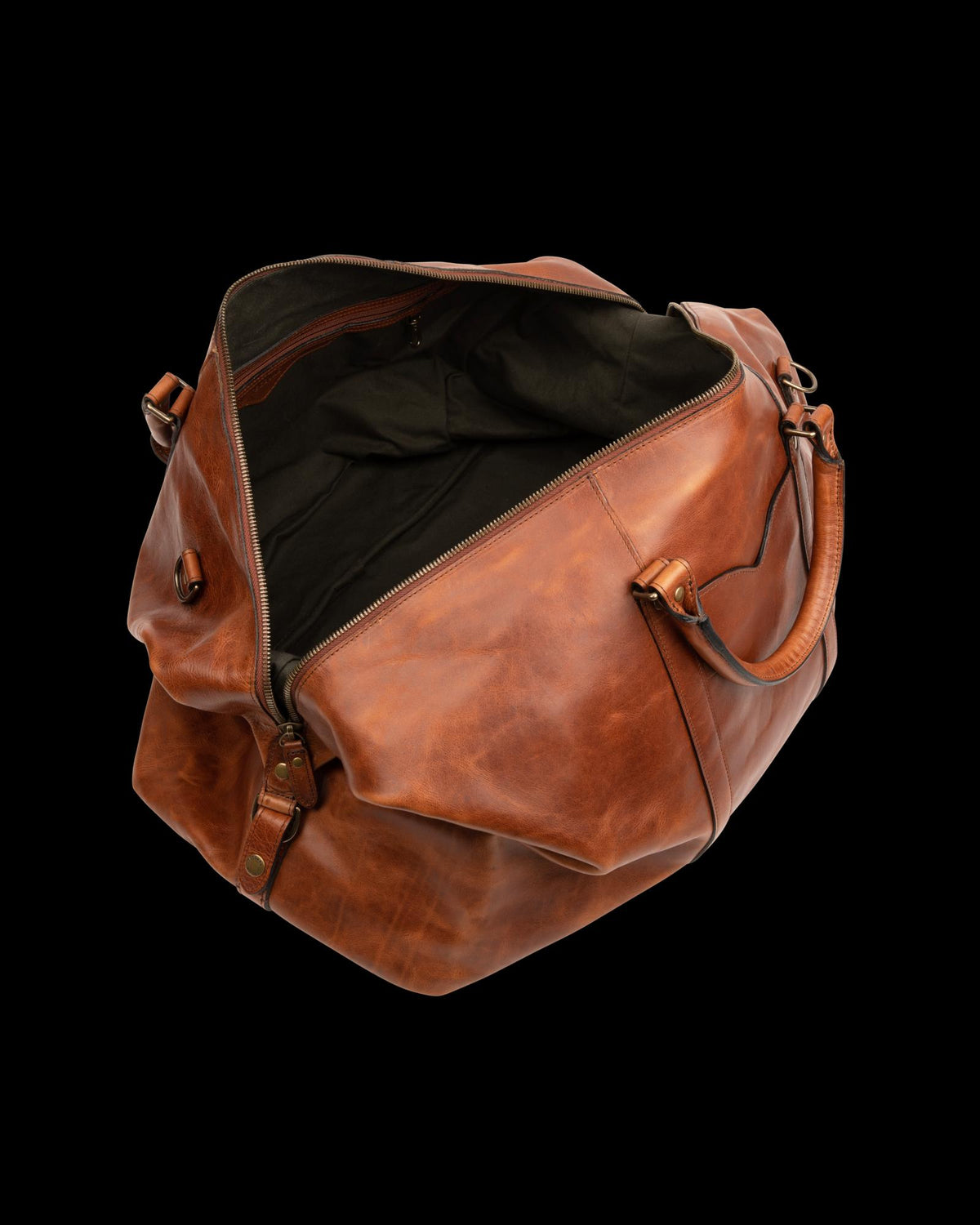 Top view of the open Bartlett Large Weekender in Cognac