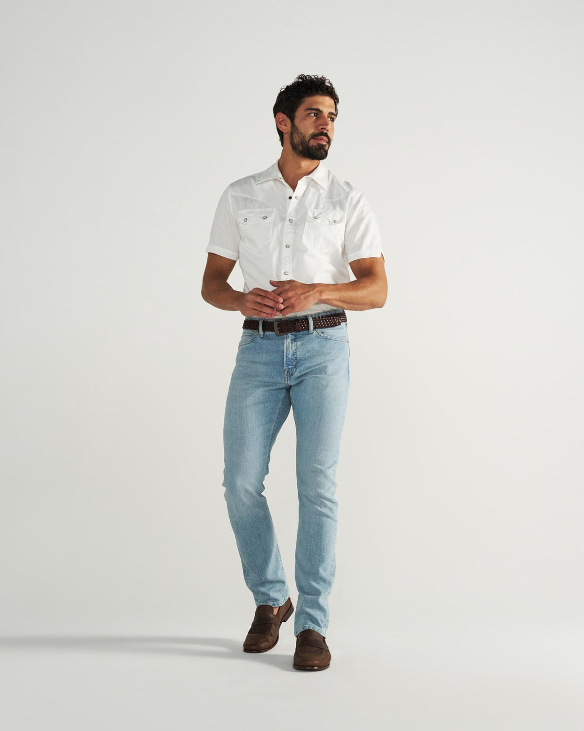 Full view of Men's Slim Stretch Denim - Light Stone Wash on model