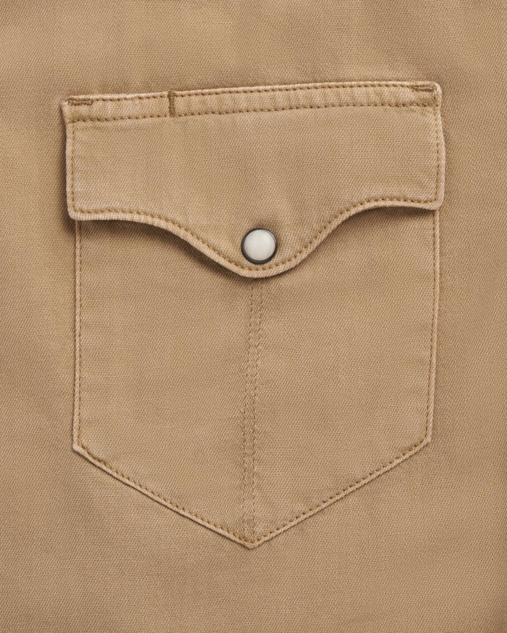 Closeup detail view of Men's Denim Pearl Snap SS - Coriander / Multi