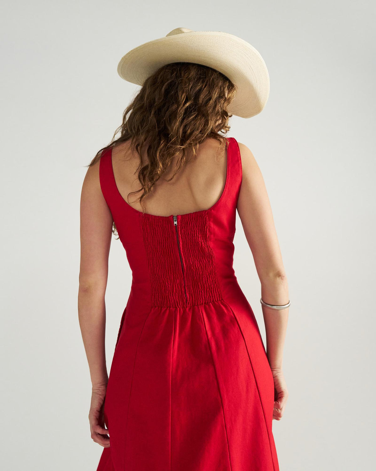 Back view of Women's Sleeveless A-Line Maxi Dress - Red on model