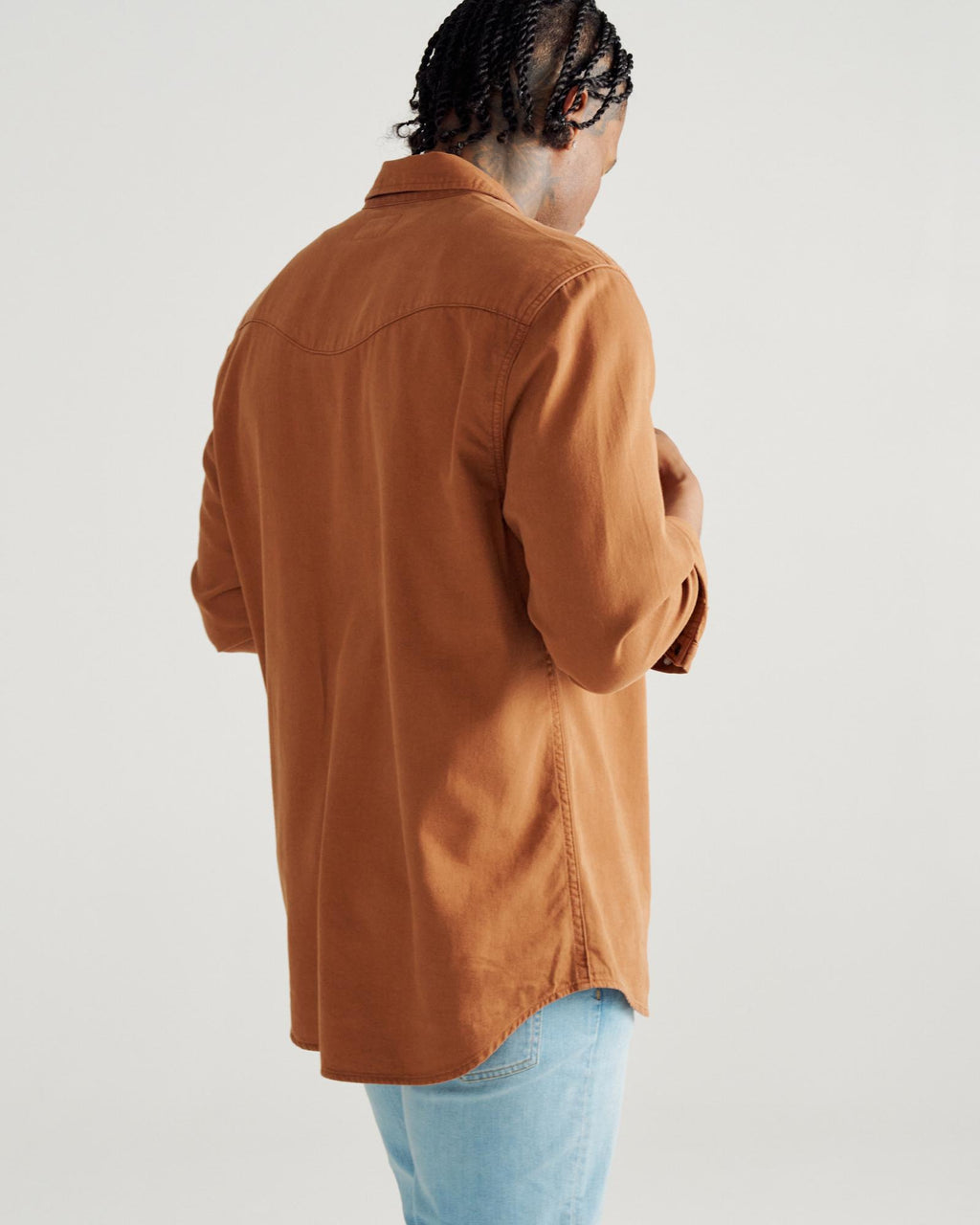 Closeup detail view of Men's Denim Long Sleeve Pearl Snap - Rust