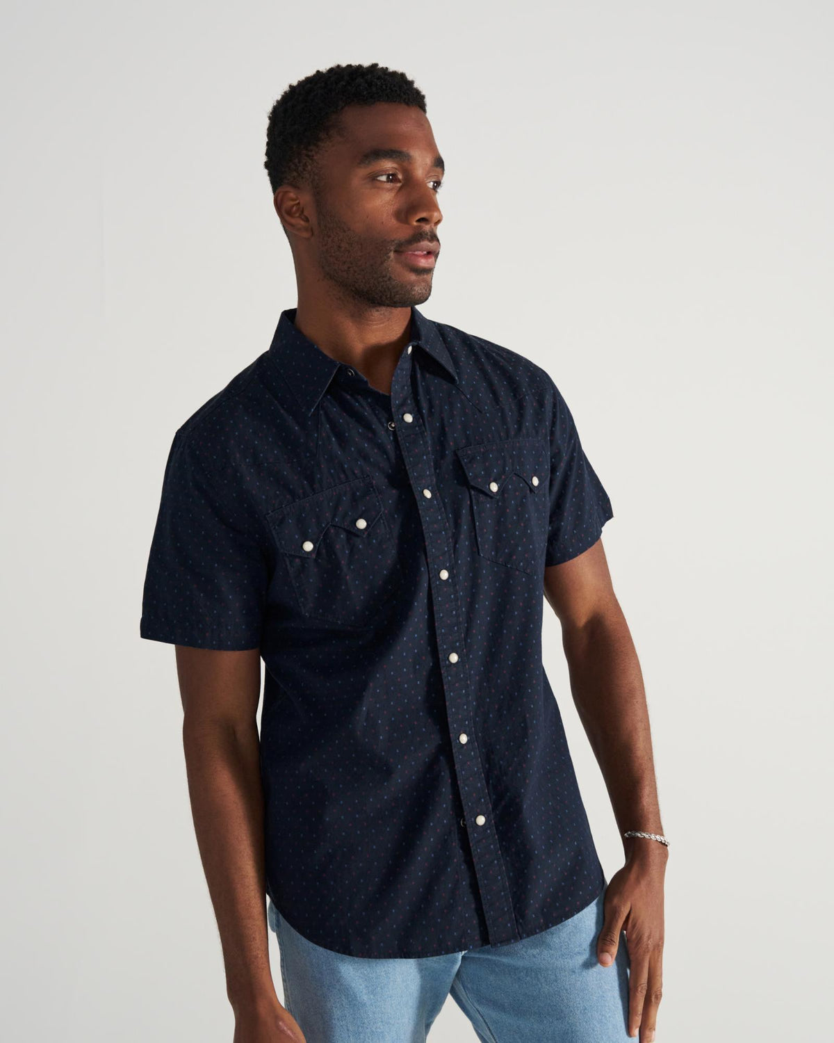 Closeup detail view of Men's Star Stitch Pearl Snap - Navy